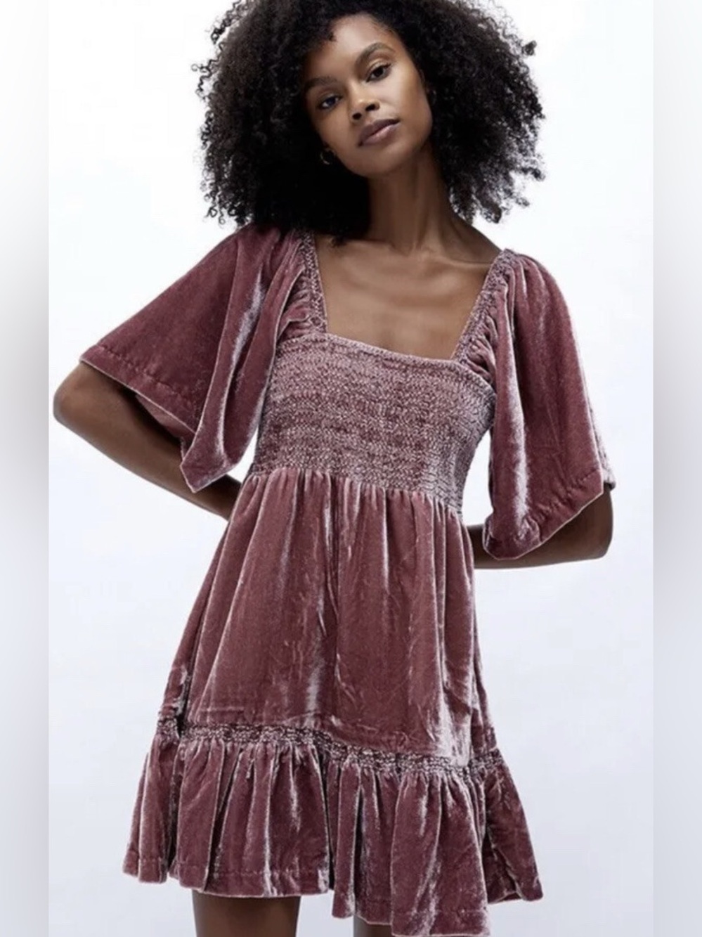 Free People Pink Babydoll Velvet Bow Back Easy to Love Mini Dress, Size Small